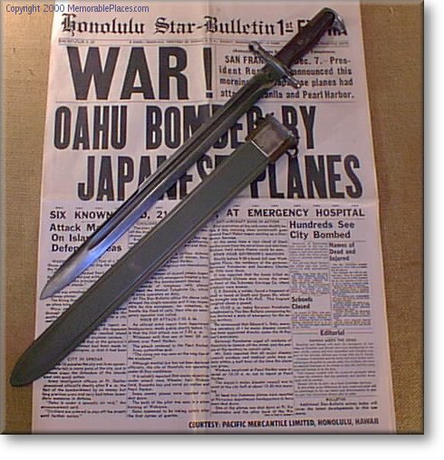 17 Inch Bayonet on reproduction newspaper of Pearl Harbor Attack